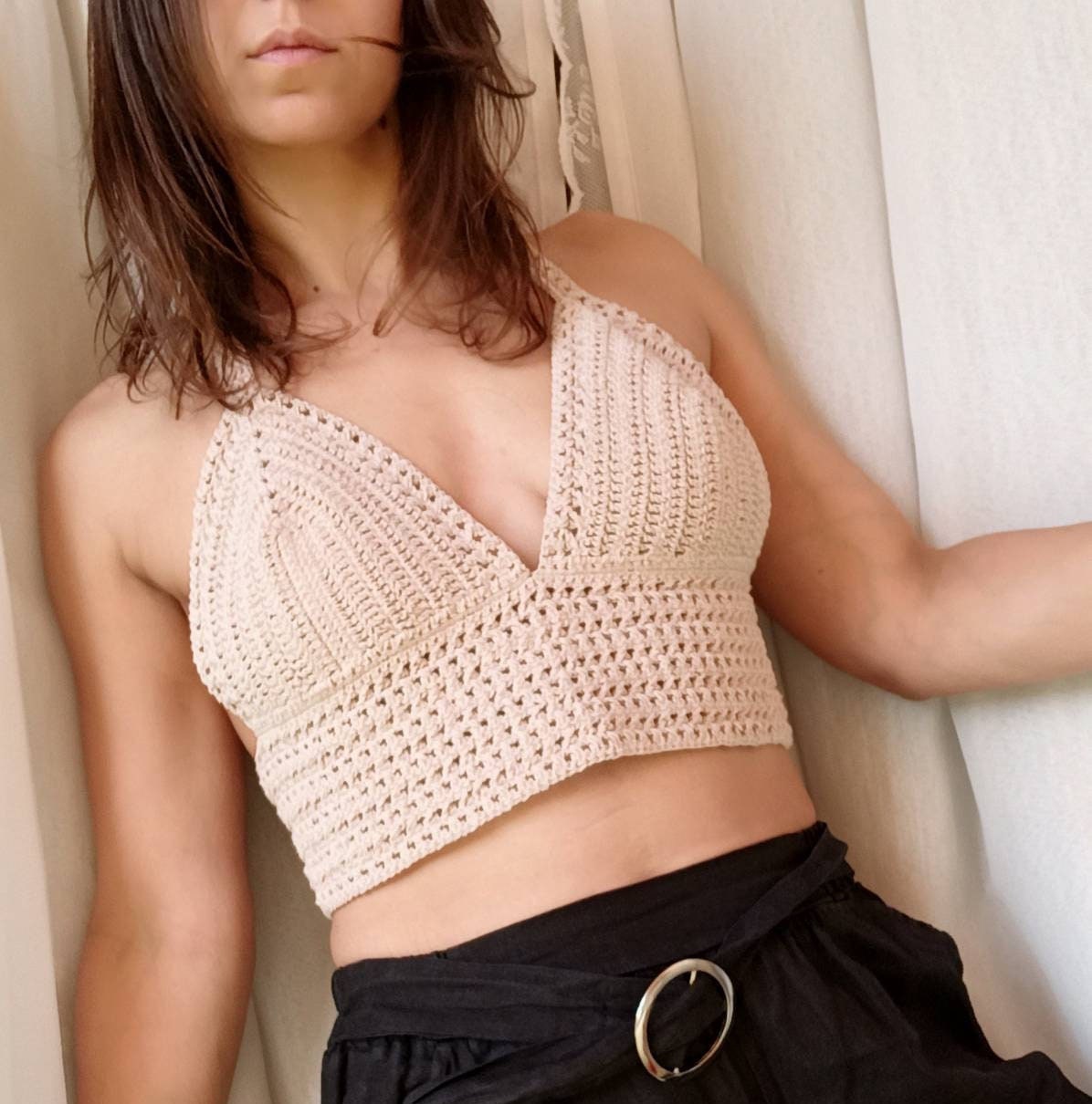 top Handmade Ecru Crochet Crop Top, 100% Cotton Boho Bralette, Neutral Knit Halter Neck Top, Unique Summer Festival Clothing, Size Medium Etsy $78.39