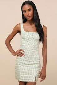 sundress Happy Chance Sage Green Gingham Square Neck Mini Dress lulus.com $49