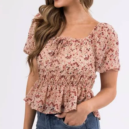 top Hazy Coral Ditsy Floral Puff Sleeve Peplum Top Lime Lush $17.95