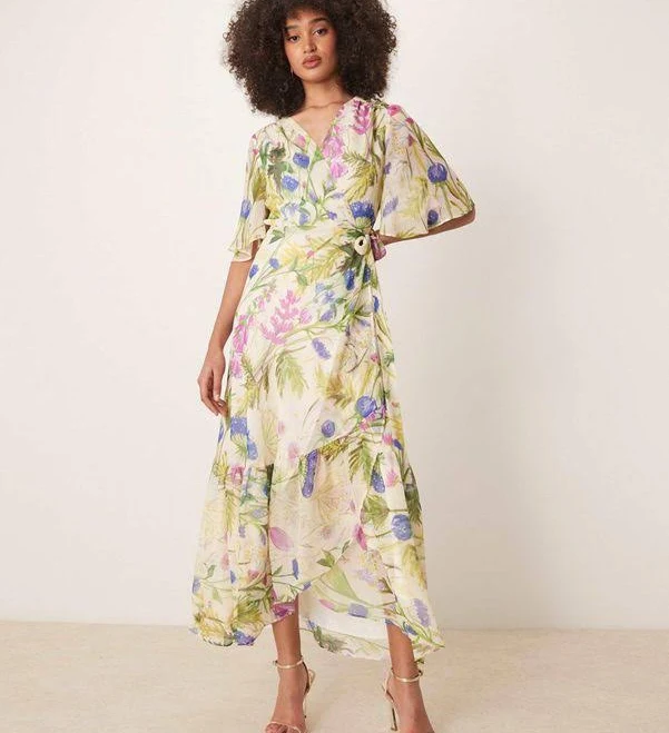 dress Hope & Ivy Women's Frill Sleeve Maxi Wrap Dress With Tie Waist - Natural - Maxi dresses Lyst $109.51