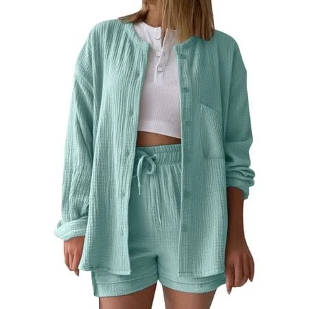 matching set Hurxie 2 Piece Linen Set for Women Oversized Wrinkle Long Sleeve Button Down Shirts and Drawstring Shorts Beach Outfit Sets Mint Green,M, Women's, Walmart - ShiKeXi $21.9