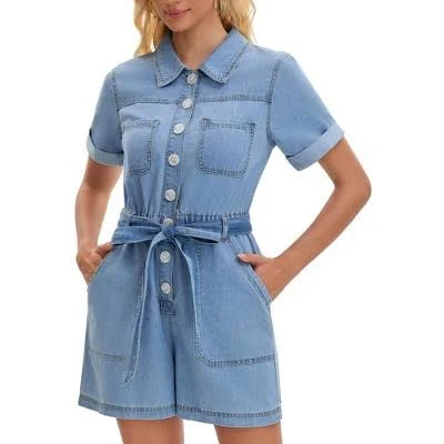 romper Inspire Chic Women's Denim Button Elastic Waist Short Sleeve Romper Shorts Target $45.99