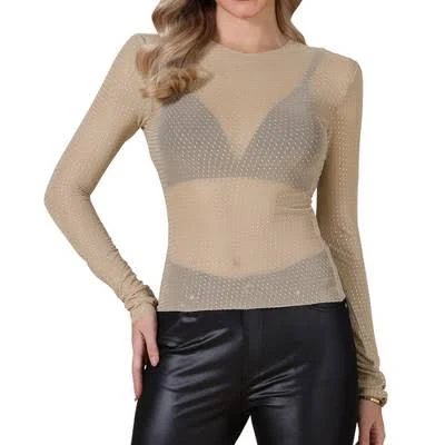 top Inspire Chic Women's Mesh Sheer Long Sleeve Sparkly Rhinestone Top Target $18.99