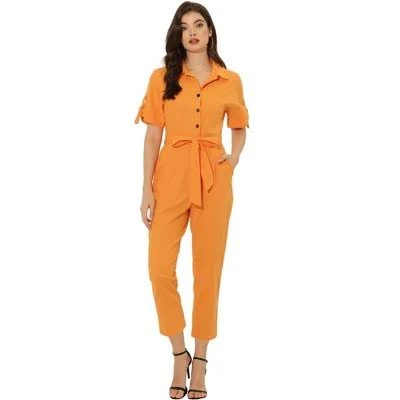 jumpsuit Inspire Chic Women's Short Sleeve Collared Button Down Tie Waist Cargo Jumpsuit Target $56.99