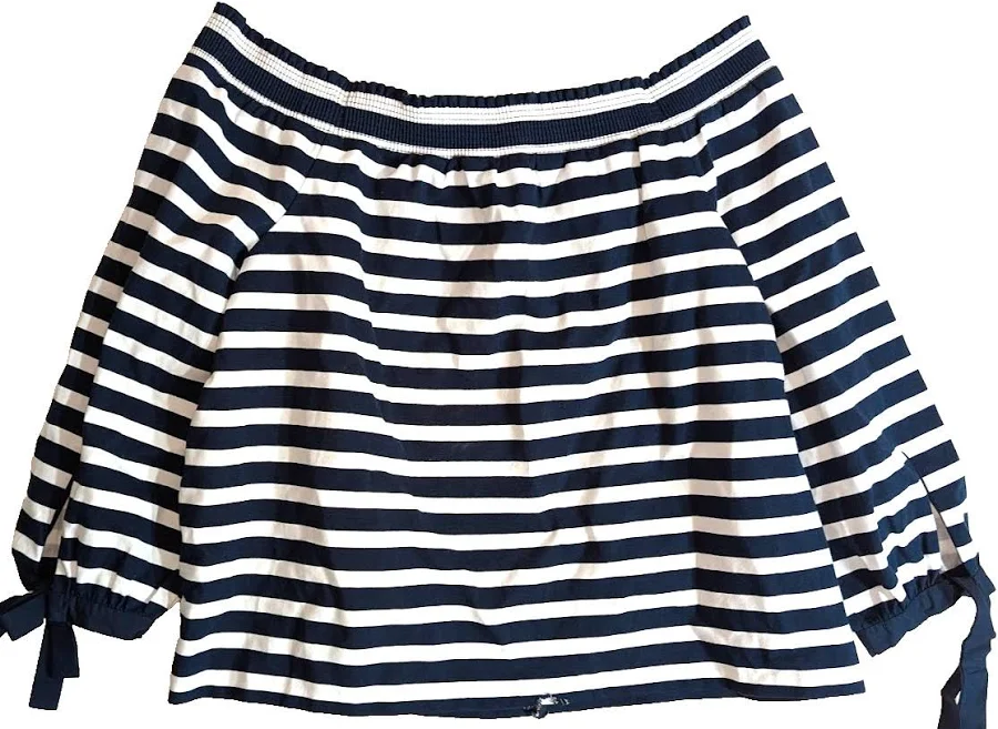 blouses J Crew Women's Elastic Off Shoulder Nautical Stripe Top W/ties Navy eBay $29.99