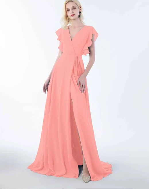 dress Jasmine Wrap Ruffle Sleeve Floor Length Chiffon Bridesmaid Dress Pomuyoo $89