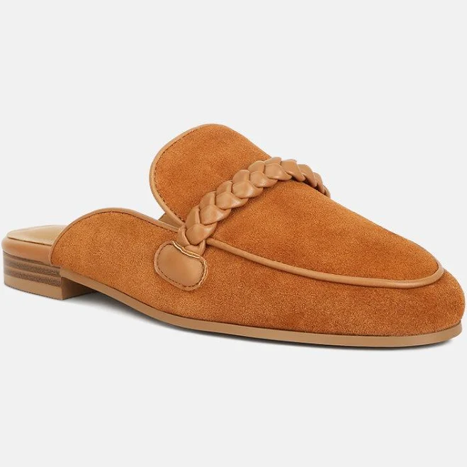 shoes Lavinia Suede Leather Braided Detail Mules In Tan Rag & Co $62.99