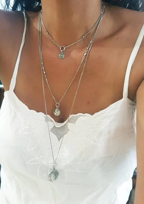 accessory Layered Silver Charm Coin Necklace Set Etsy - BezalelDesignShop $116.87