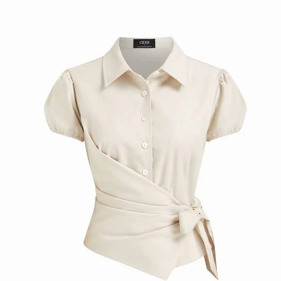 top Linen-Blend Puff Sleeve Wrap Tie-Front Blouse Cider $39.9