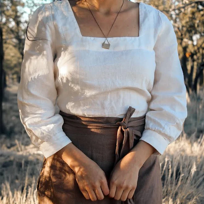top Linen Square Neck Puffed Sleeve Blouse Etsy - Linenia $60