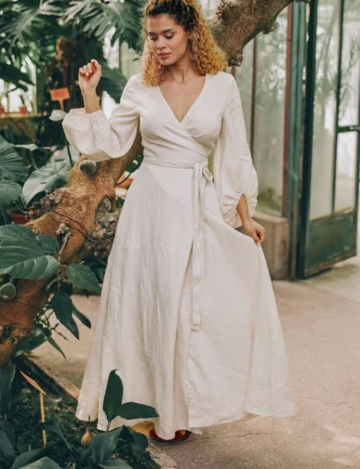 dress Linen Wrap Maxi Dress with Bell Sleeves and Pockets VisibleArt $163