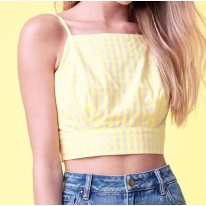 asymmetric neck top Lottie Moss/pacsun Butter Yellow Cotton Gingham Halter Top With Ties, eBay $25