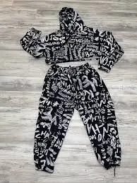 two piece set L'Rev37 Bold Graffiti Black And White Fleece Cargo Jogger And Crop Top Set.1X. eBay $80