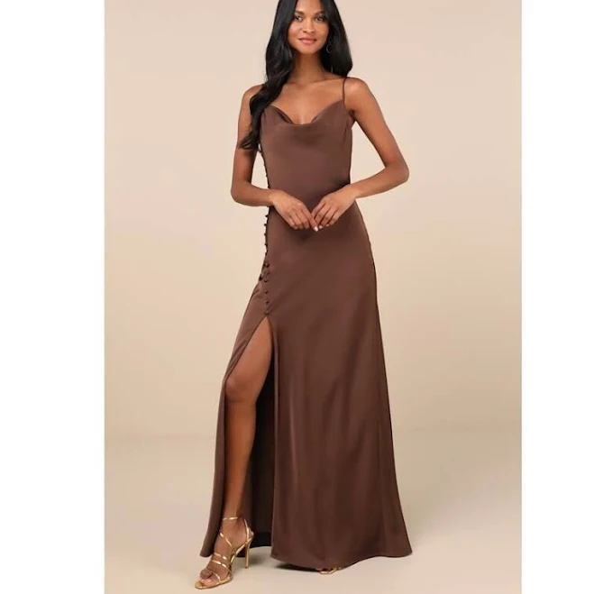 dress Lulus Dresses | Lulus Truly A Beauty Dark Brown Satin Cowl Neck Side Button Maxi Dress - Size Xs | Color: Brown | Size: Xs | Crystamiller721's Closet Poshmark $88