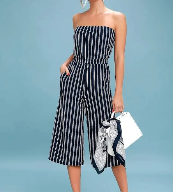 jumpsuit Lulus Pants & Jumpsuits | Lulu's Navy & White Strapless Vertical-Stripe Wide-Leg Jumpsuit | Color: Blue/White | Size: Xs | Chelcourt92's Closet Poshmark $20