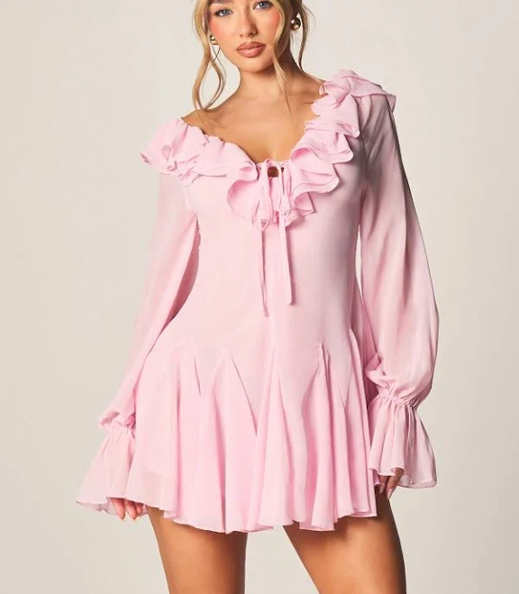 dress Missguided Off Shoulder Ruffle Neck Chiffon Mini Dress with Tie Detail and Balloon Sleeves missguided $30.65