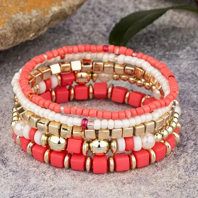 accessory Multi Beaded Bracelet Stack Set Coral | Coral Gold Bracelet Set 22 Palms Boutique $28