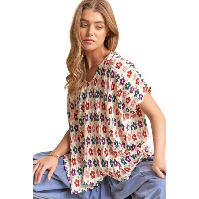 top Multicolor Floral Print Plisse Short Sleeve Top M Golden Hour Gift Co $37.8