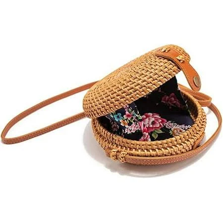 bag Namzi Handwoven Circle Rattan Straw Crossbody Bag with Leather Strap Walmart - HUHUSW $18.99