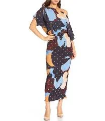 dress Never Fully Dressed Mara Tilly Gold Fleck Abstract One Shoulder Sheath Maxi Dress Dillard's $52.5
