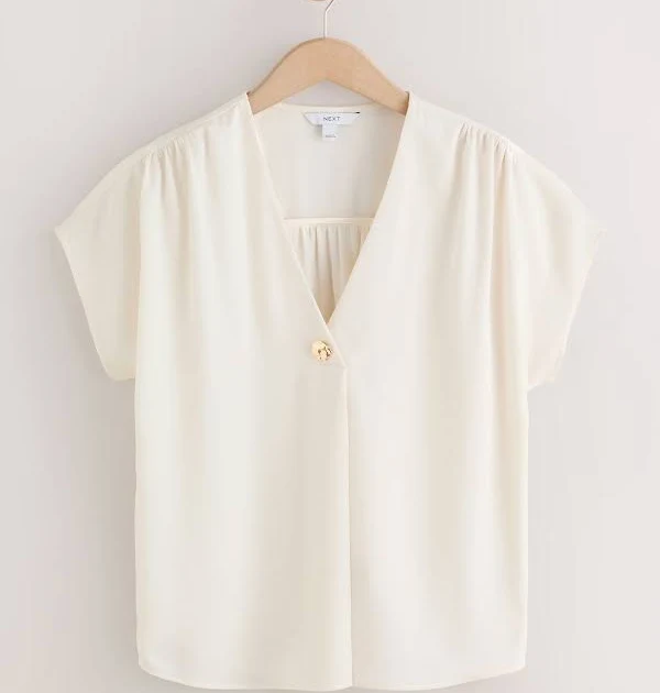 top Next Ecru Women's Overhead V-Neck Short Sleeve Blouse Next USA $34