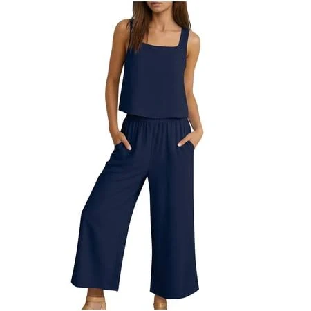matching set Nmmued Women's Casual Cotton Linen Two Piece Outfit Sleeveless Square Neck Crop Tank Top and Wide Leg Cropped Pants Set Comfy Loose Fit Summer Walmart - NMMUED $26.99