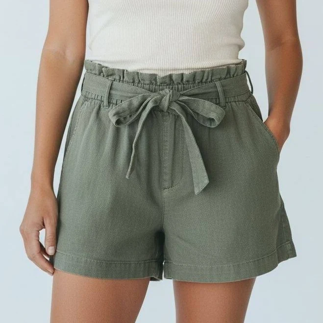 bottom Olive Green Linen Blend Paperbag Waist Shorts With Tie Belt eBay - trashurechest $21.99