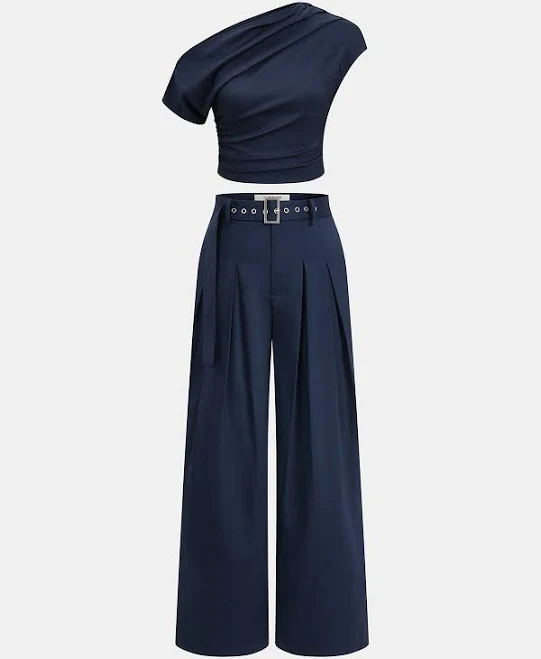 outfit One-Shoulder Top & Wide-Leg Pants Set Commense $52