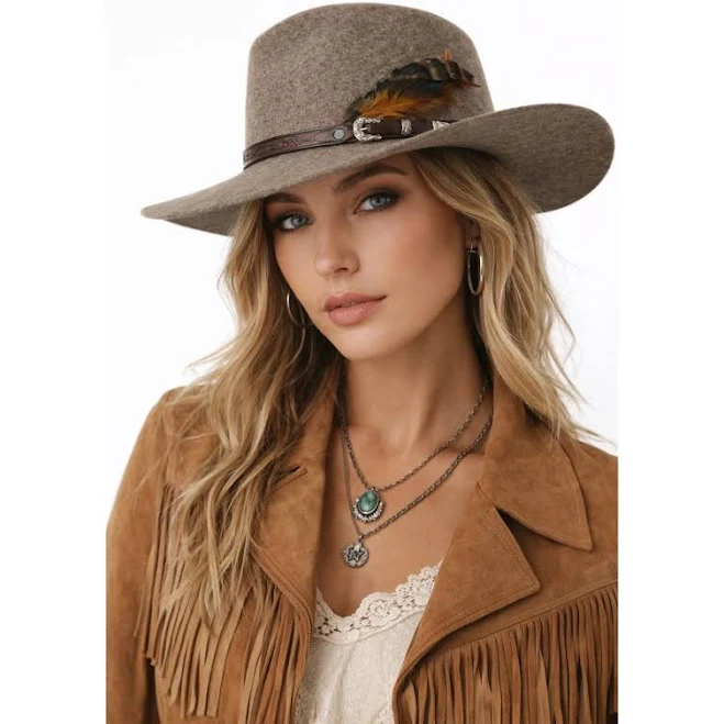 accessory Overland Wool Felt Western Hat Size M Taupe Feather Festival Boho eBay - north_pointe $59.99
