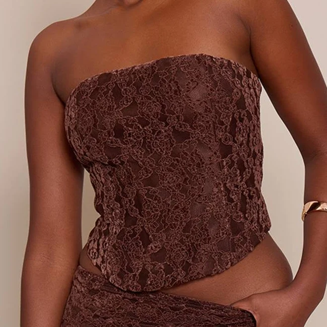 top PrettyLittleThing Women's Lace Velvet Coset Top in Chocolate | Size: 2 Nasty Gal - US $19