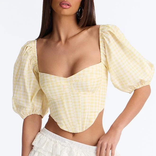clothes Puff Sleeve Short Sleeve Linen Sweetheart, Cropped Corset in Yellow Size M | Fashion Nova Fashion Nova $12.99