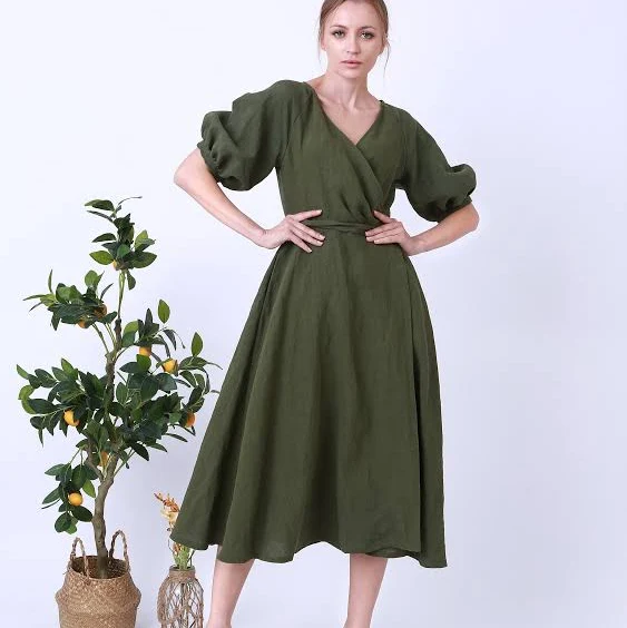 dress Retro Linen Puff Sleeve Wrap Dress Etsy - Seller $125