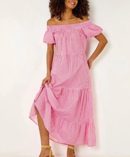 sundress Roman Gingham Bardot Tiered Maxi Dress Next USA $165