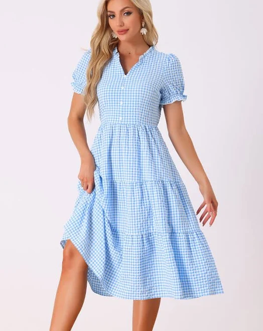 dress Ruffle Trim V-Neck Plaid Midi Dress Allegra K $54.99