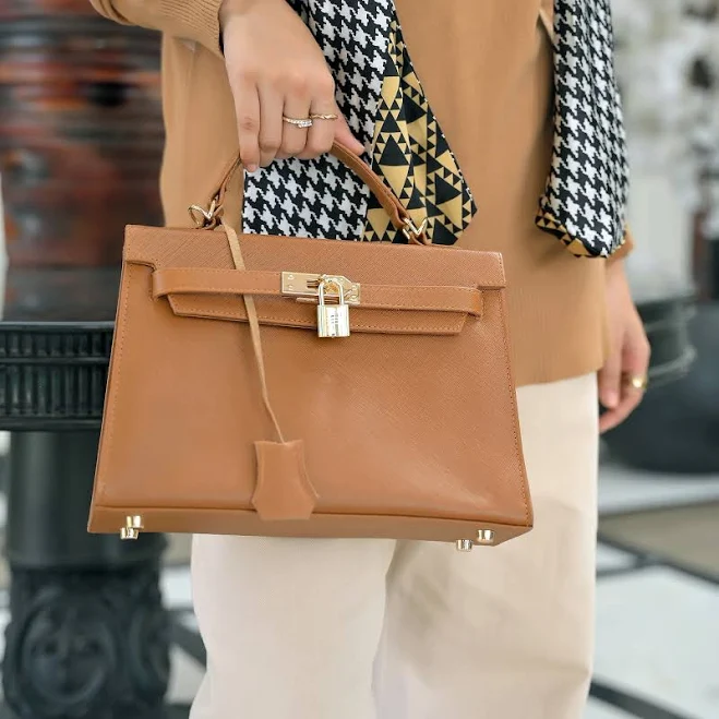 bag Saffiano Leather Top Handle Bag for Women | Aura Lock Satchel by Jild Tan Brown Jild $184.99