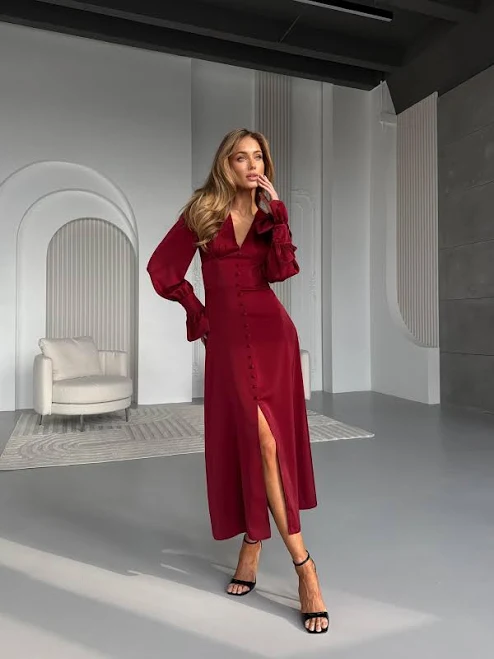 dress Satin Wrap Midi Dress, Elegant Long Sleeve Dress, Burgundy Cocktail Dress, Beautiful Silk Party Dress, Evening Or Wedding Guest Outfit Etsy - Seller $149.5