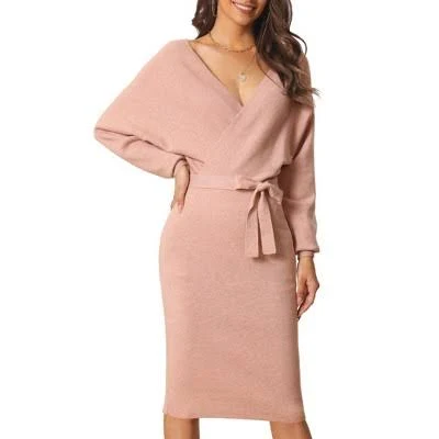 dress Seta T Women's Deep V Neck Wrap Batwing Sleeve Belted Bodycon Midi Sweater Dress Target $63.99