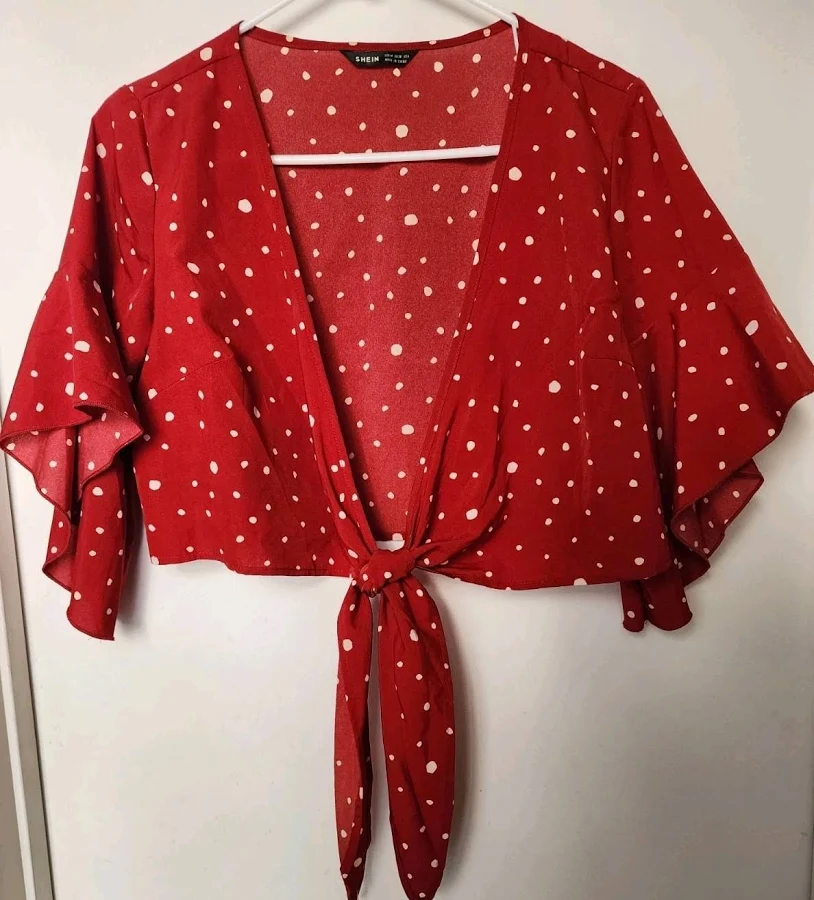 blouse Shein Cropped Blouse Red Polka Dot Short Flutter Sleeve Tie Front eBay - peggsuth $13