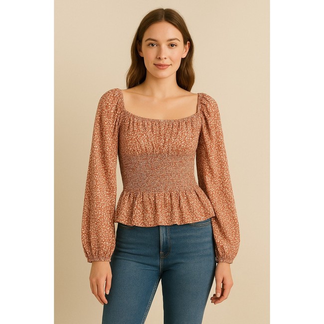 blouses Shein Women's Floral Off the Shoulder Smocked Blouse Terracotta/White Size XS eBay $9.6