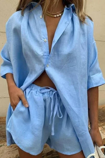two piece set SOERA Women's Erica Linen Button-Down Blouse & Shorts Set SOERA $59