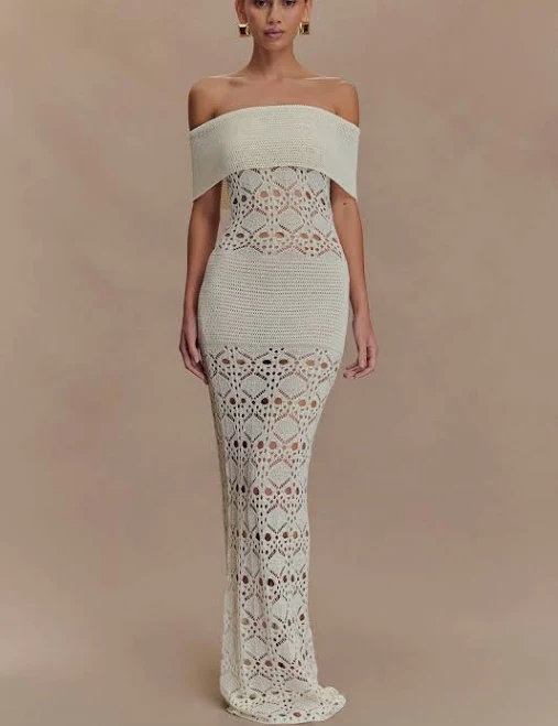dress Solstice Off Shoulder Crochet Knit Maxi Dress meshki.us $69