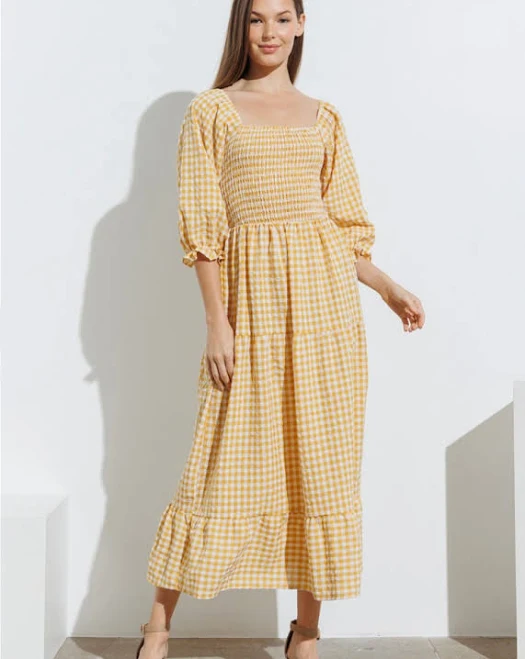 sundress Sunshine Smocked Bodice Tiered Gingham Midi Dress Blush Desert $76
