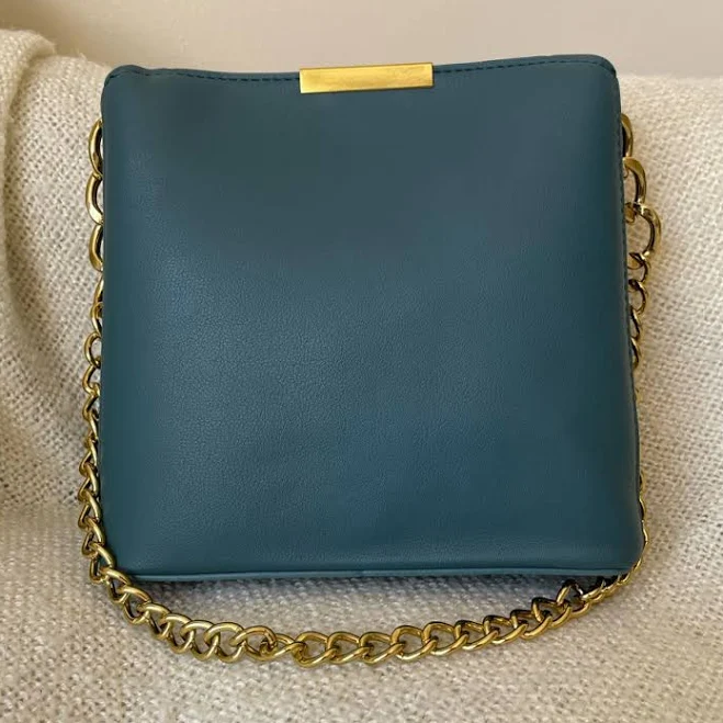 bag Teal Turquoise Blue Green Vegan Faux Leather Brass Chain Shoulder Bag Nwot Mint | Color: Blue/Green | Size: 8 x 8 x 4 in | Miantuan's Closet Poshmark $25