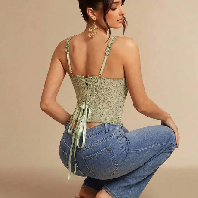 bodysuit This Romantic, Fitted, and Elegant Sage Green Solid Color Water-Soluble Lace Wide-Strap Bra/Bodysuit/Camisole, with AN Adjustable Back, Is The Perfect TikTok Shop $63.32