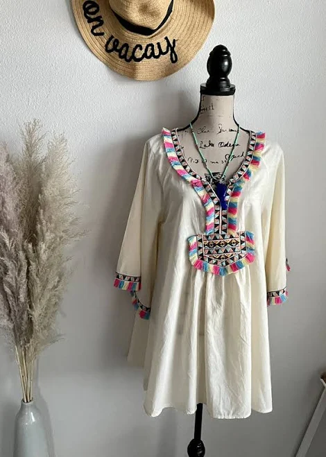 top Velzera Womens Tunic Top Ivory Bell Sleeves Multicolored Embroidered eBay $40
