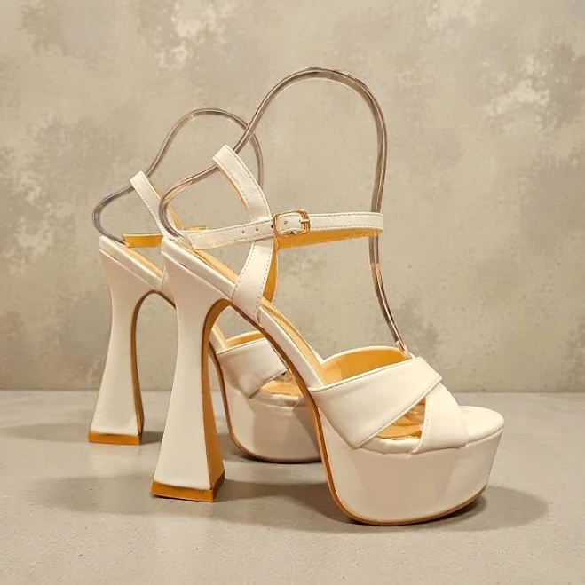 shoes White Faux Leather Platform High Heel Sandals With Ankle Strap & Block eBay - bfashionista $39.99