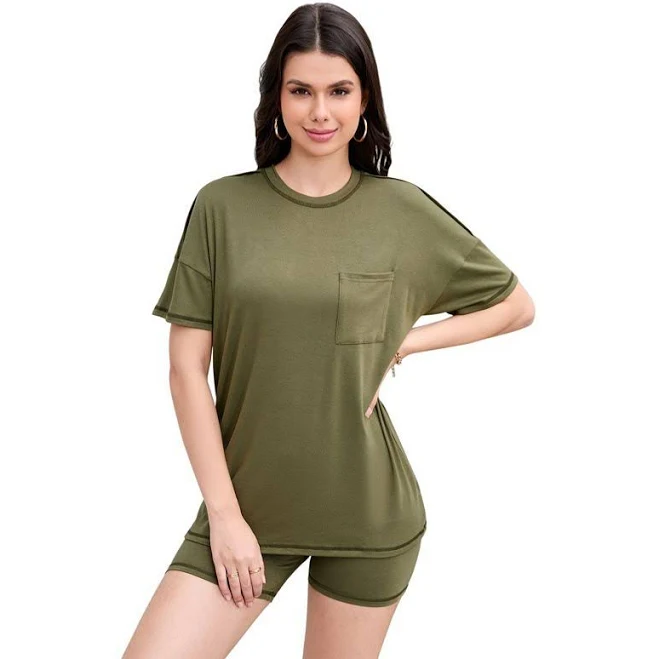 two piece set Women Set Oversized Short Sleeve Casual Loose Top Basic Tee with Pocket and Shorts, Women's, Size: Medium, Army Green Kohl's $24.69
