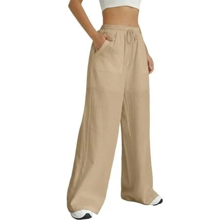 pants Women Wide Leg Linen Pants, High Waisted Summer Casual Cotton Linen Palazzo Pants with Pockets Camel Color XL, Women's Walmart - Fairy22 $34.27