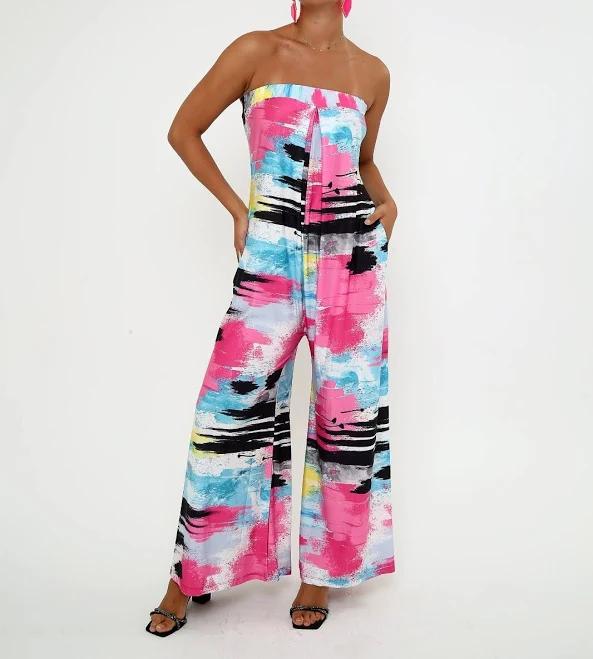 jumpsuit Women's Abstract Print Strapless Jumpsuit - Colorful Wide-leg Viscose eBay $54.9