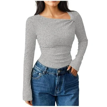 asymmetric neck top Women's Asymmetrical Neck Ribbed Knit Long Sleeve Tee Walmart - SmartStyle $14.44